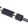 IMG_0098 - Speedtech International A close-up of a black foam pipe insulation tube secured with two SPEEDWRAP® High Temp Cinch Straps, wrapped around a metal pipe on a white background.