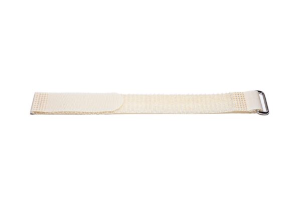 KVNR6796-min - Speedtech International A SPEEDWRAP® High Temp Cinch Strap in beige fabric with a hook-and-loop fastener and metal buckle, displayed flat on a white background.