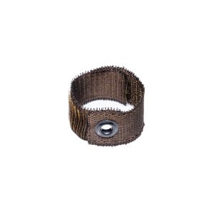 KVNR6811 - Speedtech International A SPEEDWRAP® Stainless Steel Hook & Loop Banding Tie, cylindrical with a fine metallic mesh and central grommet, is shown standing upright on a white background.