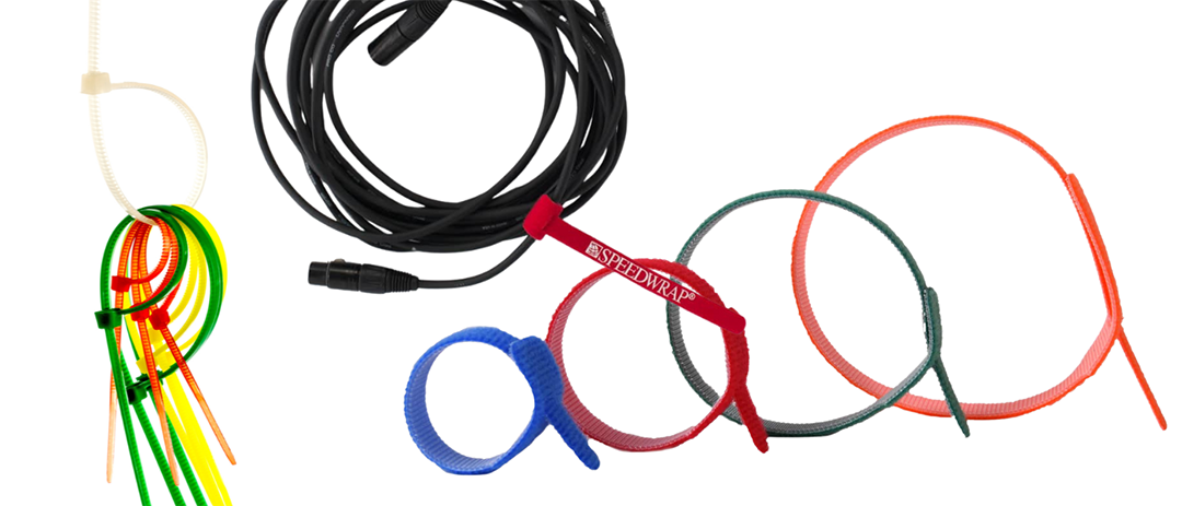Assorted cable organizers including zip ties in various colors and sizes, a black cable with a Velcro strap, and several hook-and-loop cable ties, all arranged on a white background.