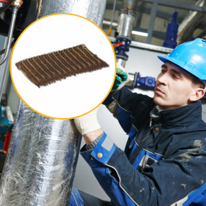 ke 1 - Speedtech International A worker in a blue hard hat and protective clothing repairs an insulated pipe; an inset shows a close-up of VELCRO® Brand HI-GARDE® Fasteners, a brown, rectangular industrial insulation material.