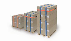 logistrap 2 1 - Speedtech International Three stacks of cardboard boxes secured with VELCRO® Brand LOGISTRAP® Pallet Straps sit on wooden pallets, arranged from shortest to tallest, against a plain white background.